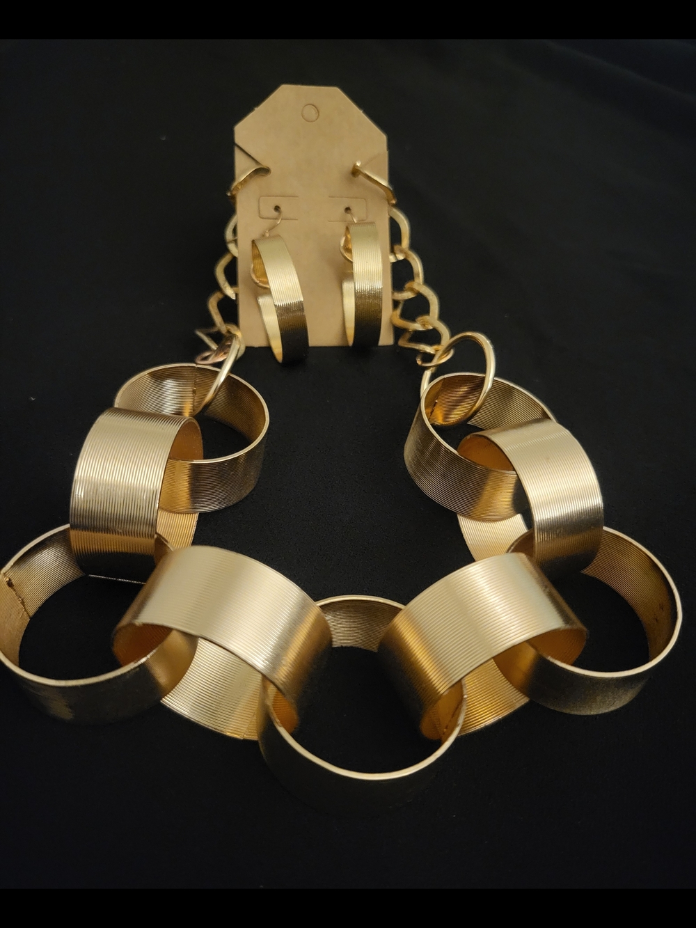 Gold Link Statement Necklace and Hoop Earring Set/ Chunky Bold Fashion Jewelry